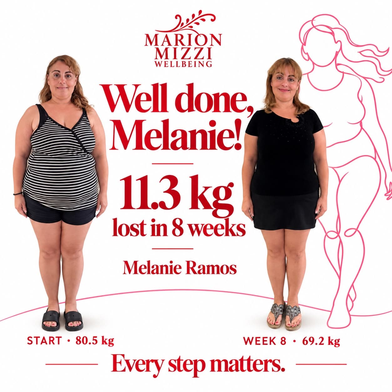 Melanie Ramos before and after the Anti-Obesity Programme: 11.3 kg lost in 8 weeks