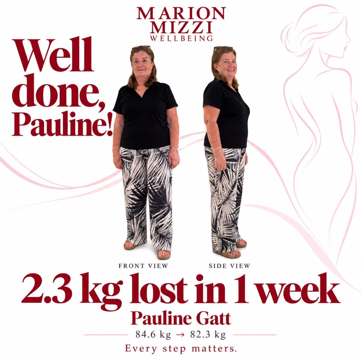 Pauline Gatt before and after the Anti-Obesity Programme: 2.3 kg lost in 1 week